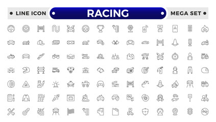 Obraz premium Motor Racing and Sport Car outline Icon Set. Formula 1, Speed, Pit Stop, automotive, race, automobiles, competition, championship, flag, wheel, medal, helmet, car, chassis, track.