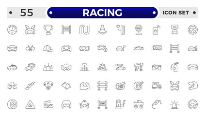 Motor Racing and Sport Car outline Icon Set. Formula 1, Speed, Pit Stop, automotive, race, automobiles, competition, championship, flag, wheel, medal, helmet, car, chassis, track.