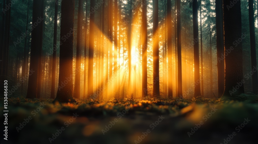Poster a breathtaking scene of sunlight streaming through towering trees in a lush forest, creating shafts 