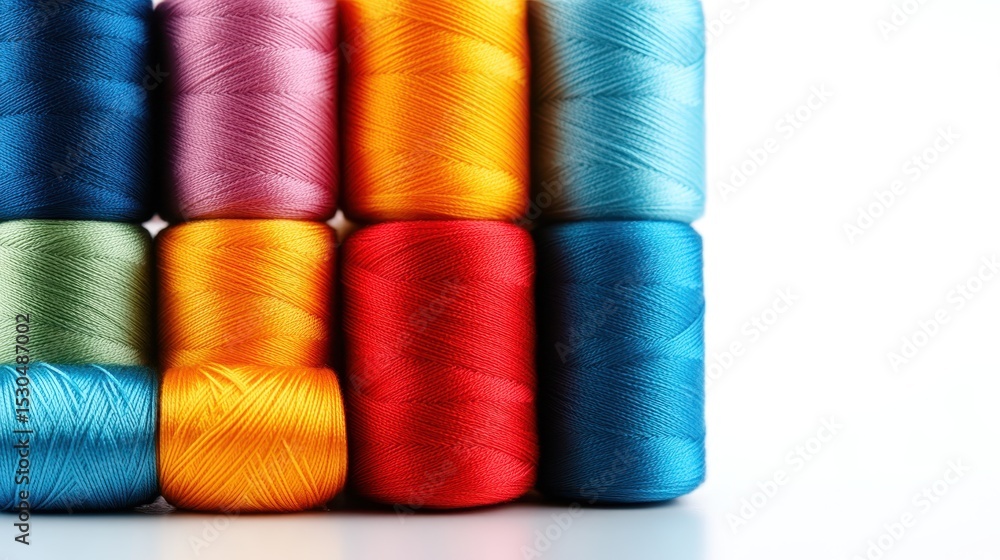 Poster a vibrant assortment of spools of thread arranged neatly in a captivating display, highlighting the 