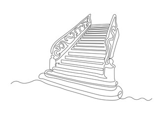 Abstract antique staircase with twisted handrails, ladder,stepladder. continuous one single line art drawing sketch, logo