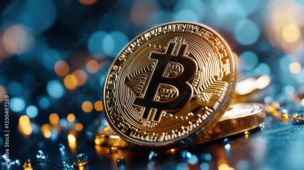 Poster this close-up image features a shiny bitcoin coin prominently displayed, symbolizing the rise of cry