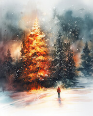 Winter wonderland with glowing trees amidst falling snow in a serene forest landscape. Generative AI