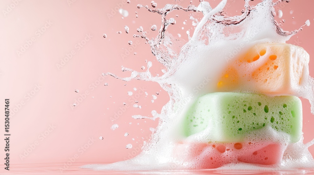 Poster a dynamic and colorful representation of sponges splashing in bubbles with a soft background, highli