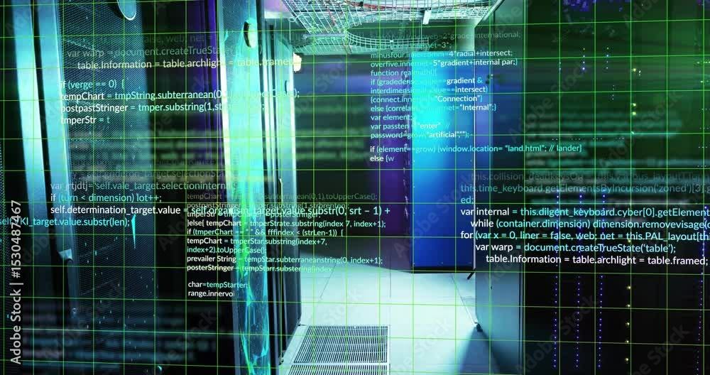 Poster green grid overlay appearing triggers code scrolling along server corridor visualizing data flow