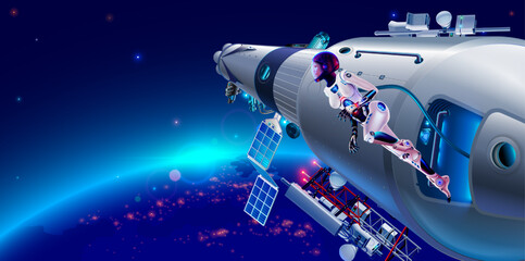 A female astronaut in a spacesuit steps out of the space station into outer space, looks at the Earth. A girl cosmonaut takes off from the gateway of a spacecraft in low-Earth orbit. Earth from space.