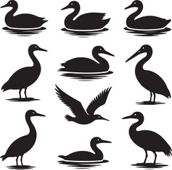 Aquatic & Wetland Bird Silhouette Vector Bundle – 10 Black Icons – Duck, Goose, Swan, Heron, Pelican, Seagull, Crane & More