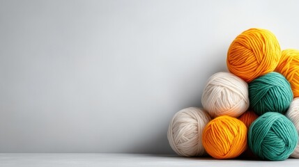 A neat stack of colorful yarn balls in various shades against a minimalist backdrop, representing creativity and the art of crafting for enthusiasts and textile lovers alike.