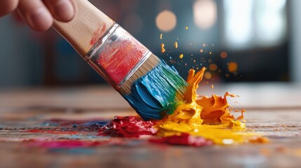 Fototapeta premium A dynamic brush loaded with vibrant paint bursts vibrant shades across the palette, capturing the artistic process of creation and expressing emotions through color.