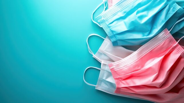 A collection of colorful medical masks in hues of blue, pink, and white, representing safety, health awareness, and the ongoing global response to health concerns during uncertain times.