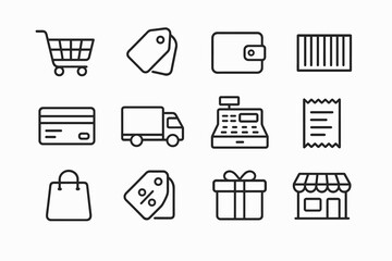 Retail icon set: shopping cart, tags, wallet, barcode, and more
