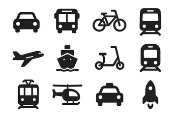 Various black transportation icons: car, bus, bicycle, train, plane, ship, scooter, helicopter, taxi, rocket