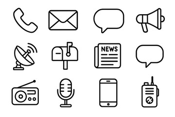 Communication icons: phone, email, speech bubbles, megaphone, satellite, mailbox, newspaper, radio, microphone, smartphone, walkie-talkie