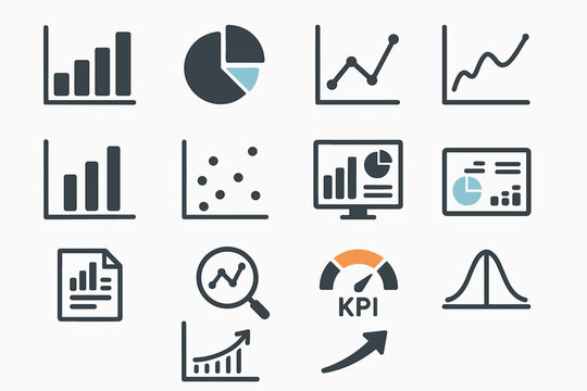 Data visualization icons: bar graphs, pie charts, line graphs, kpi, scatter plots, reports