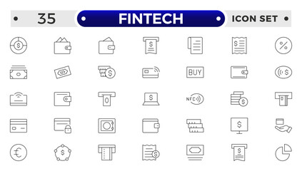 Fintech outline Icons set. Containing Financial, Digital Native, Cloud Tech, Cashless Payment, Digital Economy, Mobile Payments and more.
