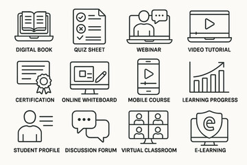 E-learning icons: digital book, webinar, certification, online whiteboard, mobile course, virtual classroom
