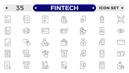 Fintech outline Icons set. Containing Financial, Digital Native, Cloud Tech, Cashless Payment, Digital Economy, Mobile Payments and more.