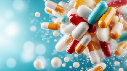 A vibrant assortment of colorful capsules and pills is shown, highlighting their shapes and textures against a soft, magical backdrop, evoking health and healing concepts.