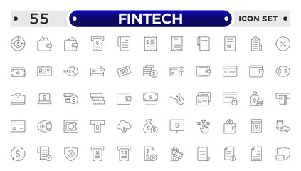 Fintech outline Icons set. Containing Financial, Digital Native, Cloud Tech, Cashless Payment, Digital Economy, Mobile Payments and more.