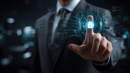 Fototapeta premium Information Security. Businessman holds information security network connecting icon, ensuring confidentiality, integrity, and availability of data, providing a comprehensive information security.