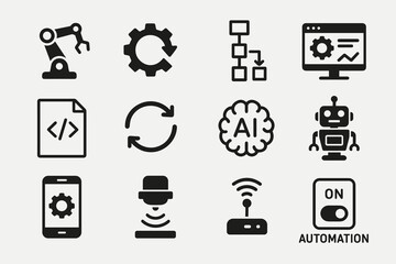 Automation and ai icon set featuring robotics and machine learning symbols