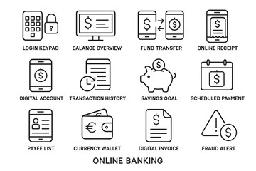 Online banking icons: login, transfer, savings, payments, security alerts