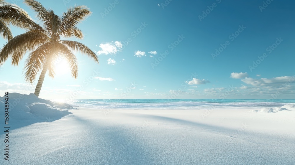 Aufkleber a serene tropical beach features a tall palm tree illuminated by the sunlight, creating a relaxing a
