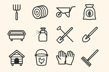 Fototapeta premium Farm tools and supplies icons: rake, hay bale, wheelbarrow, seed bag, shovel