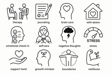 Icons illustrating mental health practices and emotional wellbeing