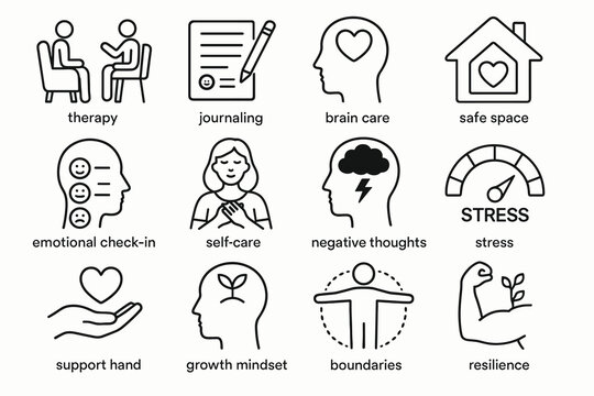 Icons illustrating mental health practices and emotional wellbeing