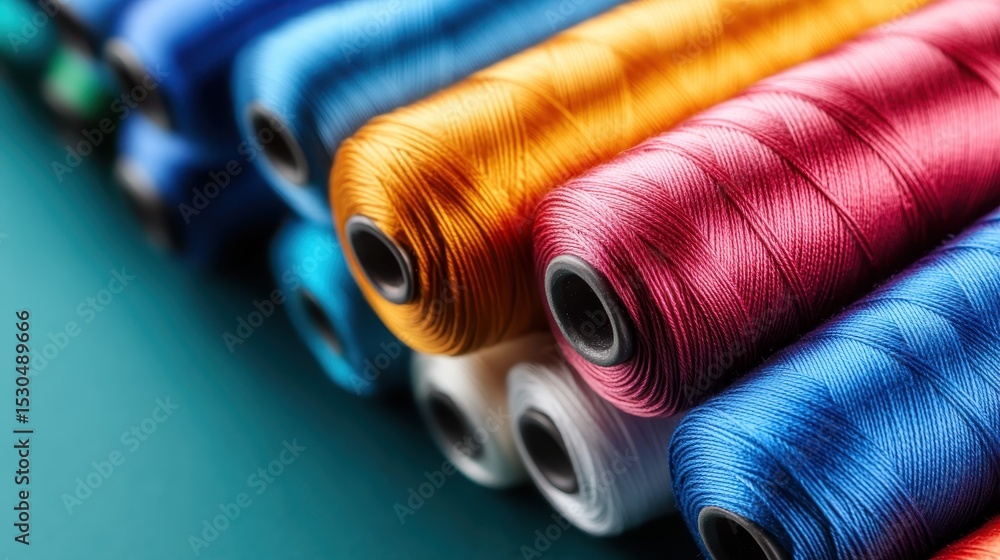 Poster an artistic display of colorful spools of thread arranged neatly, showcasing a variety of colors and