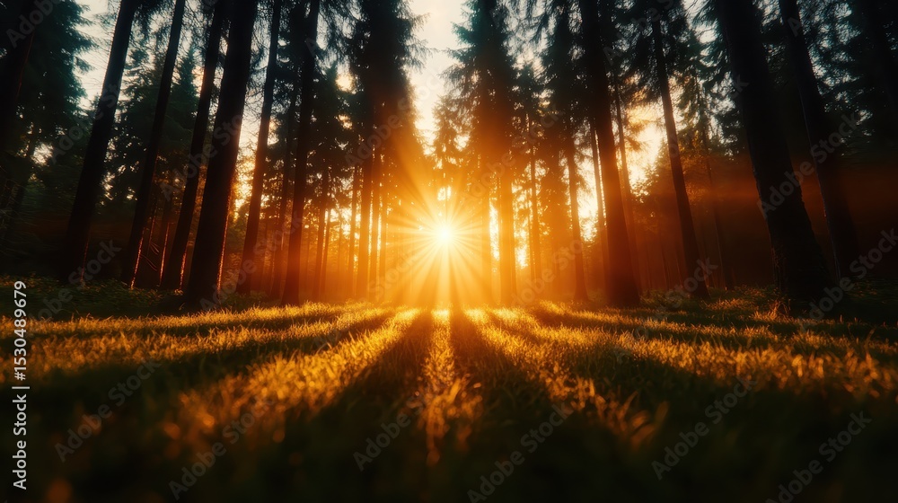 Poster a breathtaking view of the sun setting through tall trees in a forest, casting dynamic shadows over 