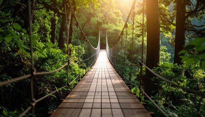 Obraz premium Long suspension bridge over lush green forest illuminated by warm sunlight