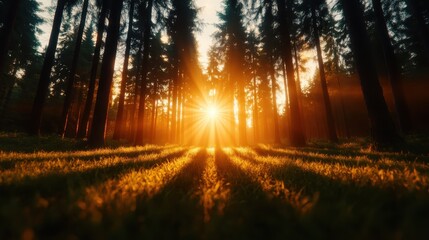 Fototapeta premium A breathtaking view of the sun setting through tall trees in a forest, casting dynamic shadows over lush greenery and creating a captivating display of light and natural beauty.