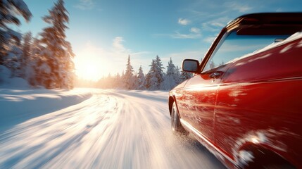 Fototapeta premium A vintage red convertible car speeds through a picturesque snowy landscape, capturing the thrill of adventure and freedom against a backdrop of glistening snow and tall trees.