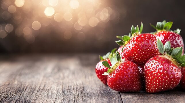 A vivid arrangement of fresh strawberries on a rustic wooden surface, capturing their juicy texture and vibrant color, complemented by soft glowing bokeh in the background.