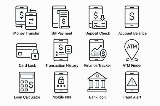 Digital banking icons: money transfer, bill payment, finance tracker, atm finder, fraud alert
