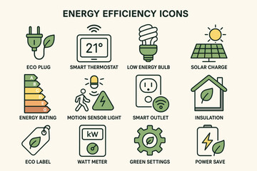 Energy efficiency icons: eco plug, smart thermostat, solar charge, low energy bulb, insulation