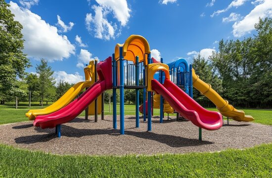 Colorful Playground with Red Yellow Blue and Orange Slides