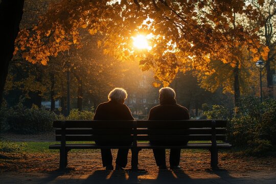 Elderly couple enjoying their retirement life in the park, with the husband his wife., Generative AI