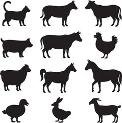 Domestic Animal Silhouette Vector Bundle – 10 Black Icons – Cat, Dog, Cow, Pig, Chicken, Sheep, Horse, Rabbit, Duck & Goat