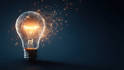 Illuminated lightbulb, glowing warmly, surrounded by particles