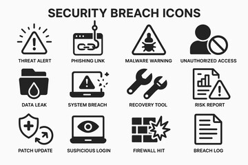 Security breach icons set: threat alert, phishing, malware warning, unauthorized access, data leak