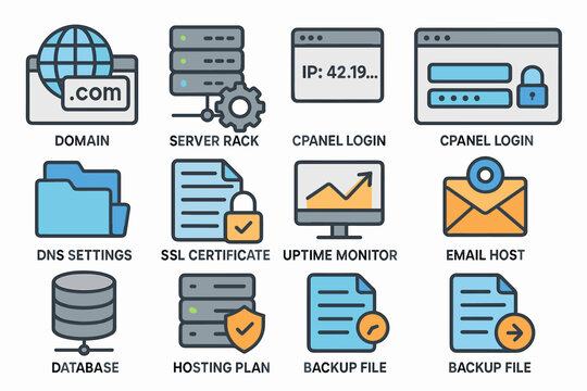 Web hosting icons: domain, server, cpanel, dns, ssl, email