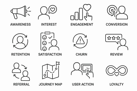 Customer journey icons illustrating engagement and retention strategies
