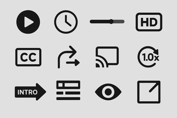 Minimalist media control icons set for video playback and streaming