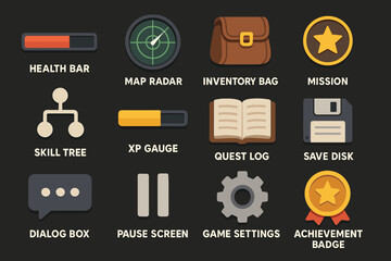Colorful game ui icons collection: health bar, map radar, inventory, mission, skills