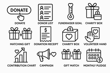 Charity and donation icons: donate, volunteer, fundraiser, charity box, campaign