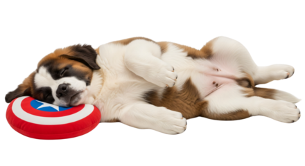 Peaceful St. Bernard puppy sleeping on a patriotic hero shield pillow, ideal for pet advertising, veterinary clinics, children's books, or sleep-related promotions,