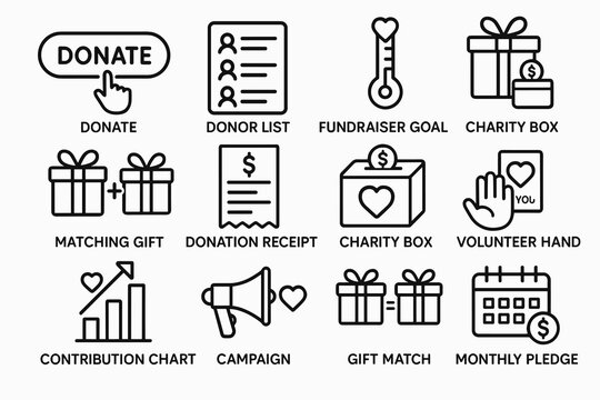 Charity and donation icons: donate, volunteer, fundraiser, charity box, campaign